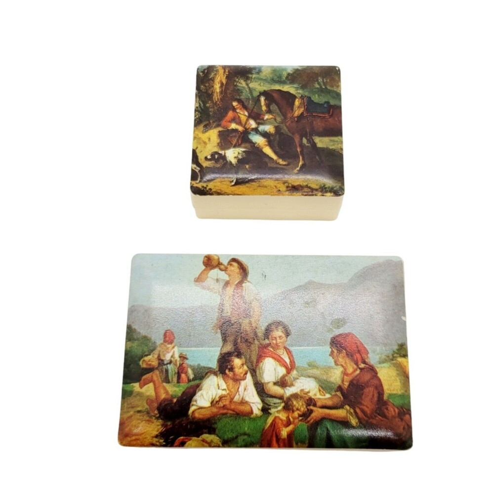 2 Trinket Boxes From Italy Plastic Famous Artist Artwork Top Lids Restoration